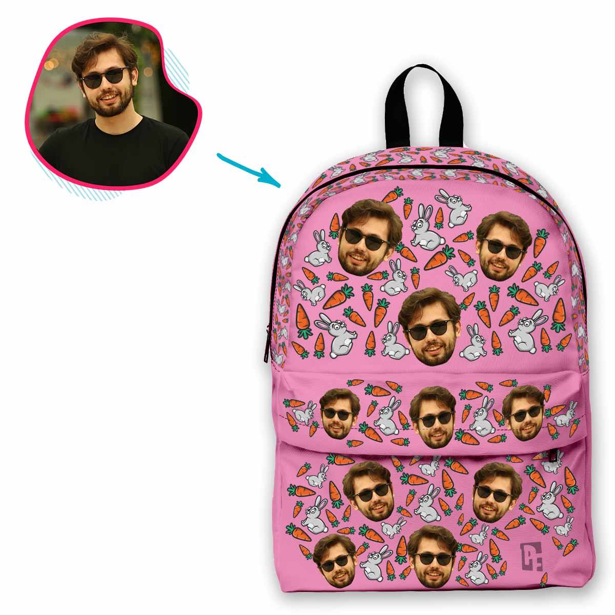pink Bunny classic backpack personalized with photo of face printed on it