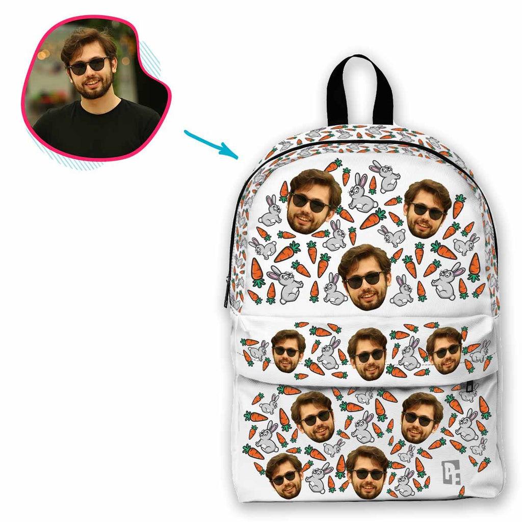 white Bunny classic backpack personalized with photo of face printed on it