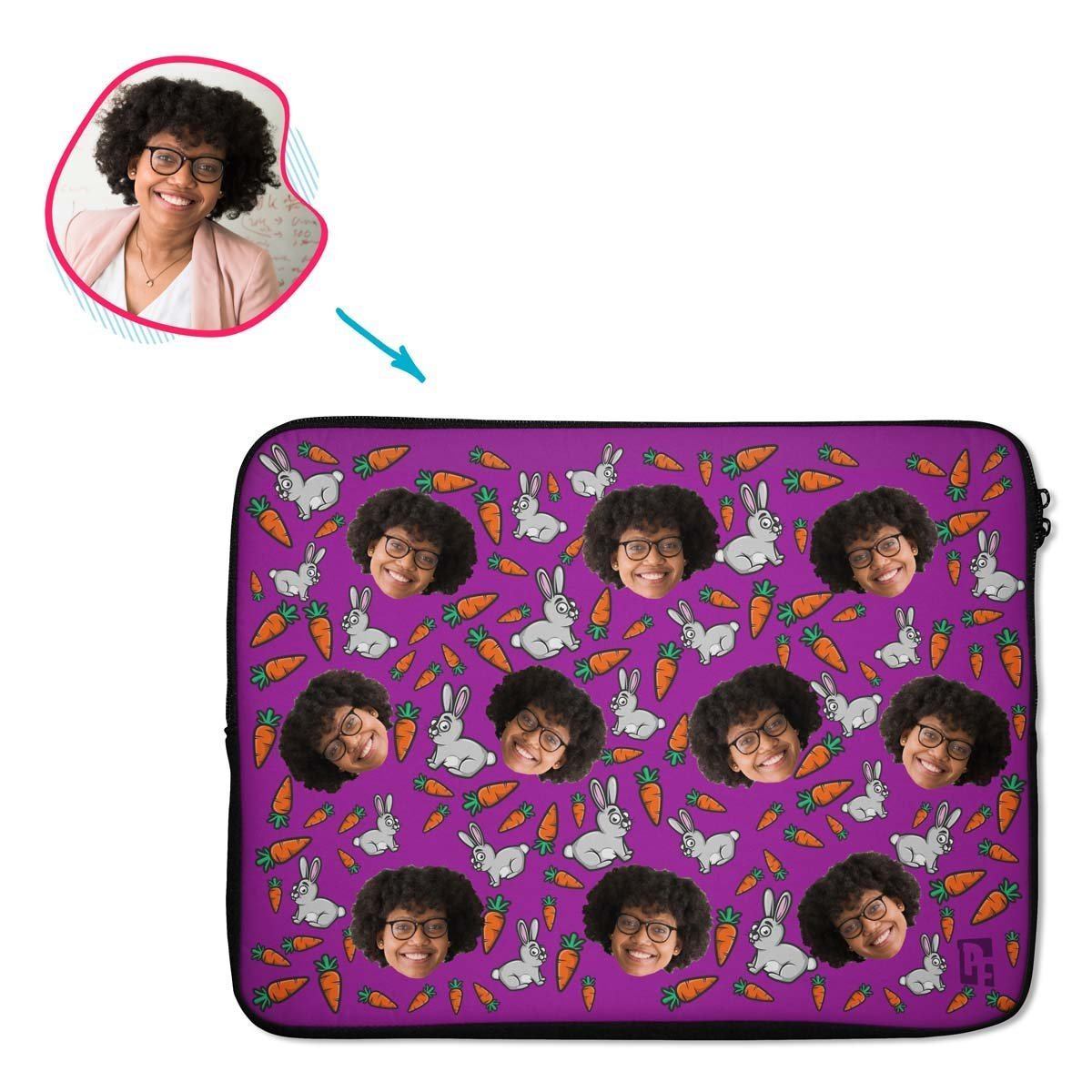 purple Bunny laptop sleeve personalized with photo of face printed on them