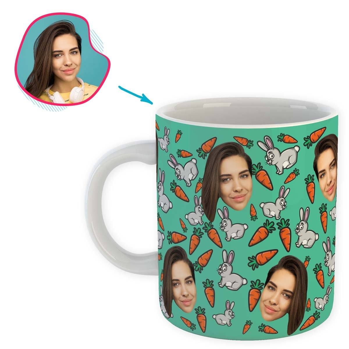 mint Bunny mug personalized with photo of face printed on it