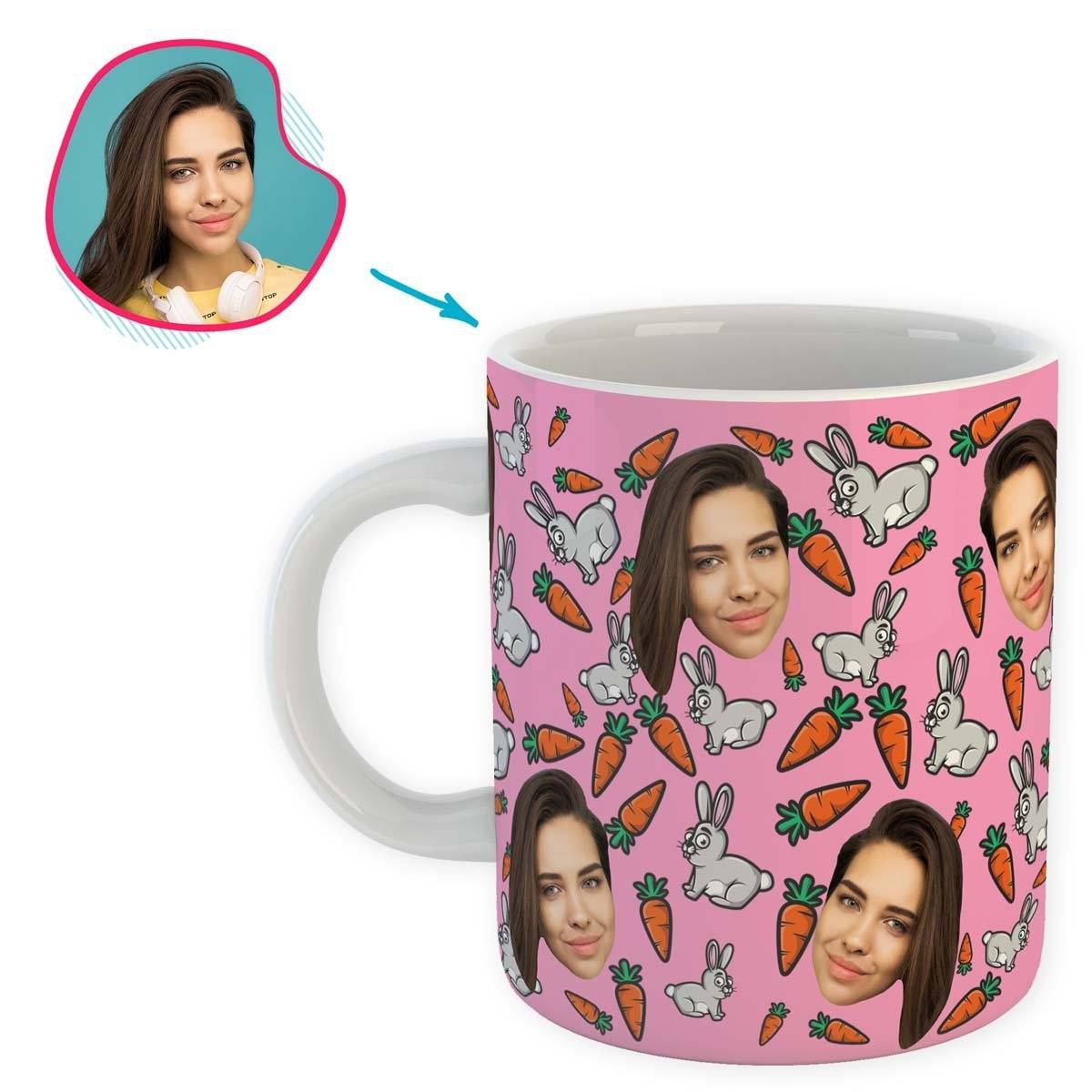pink Bunny mug personalized with photo of face printed on it