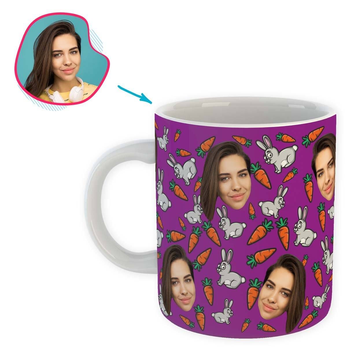 purple Bunny mug personalized with photo of face printed on it