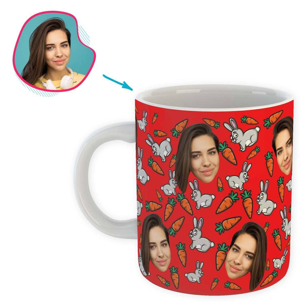 red Bunny mug personalized with photo of face printed on it