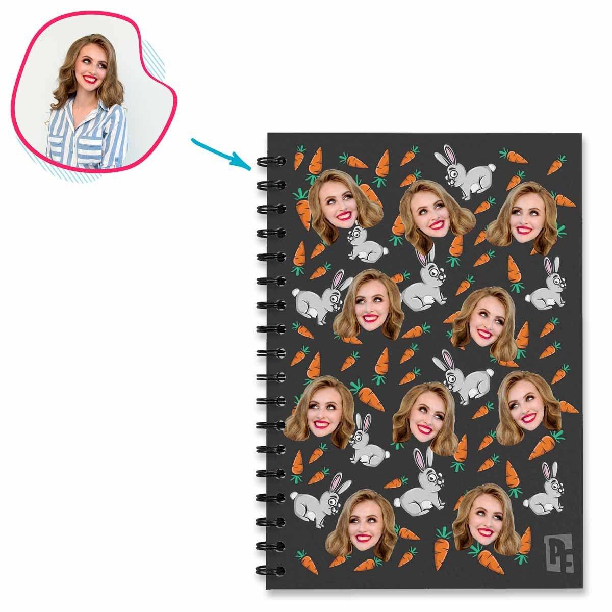 dark Bunny Notebook personalized with photo of face printed on them