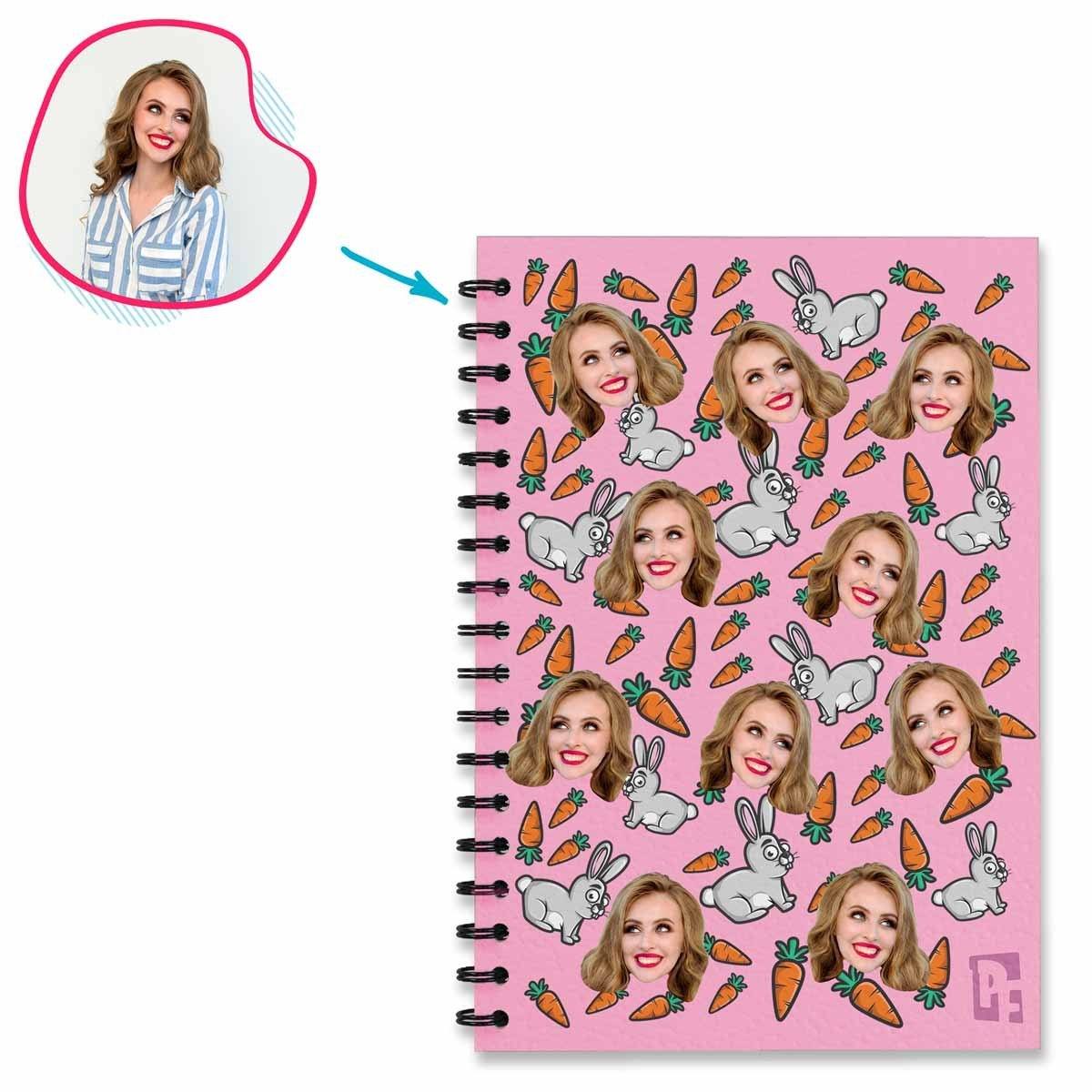 pink Bunny Notebook personalized with photo of face printed on them