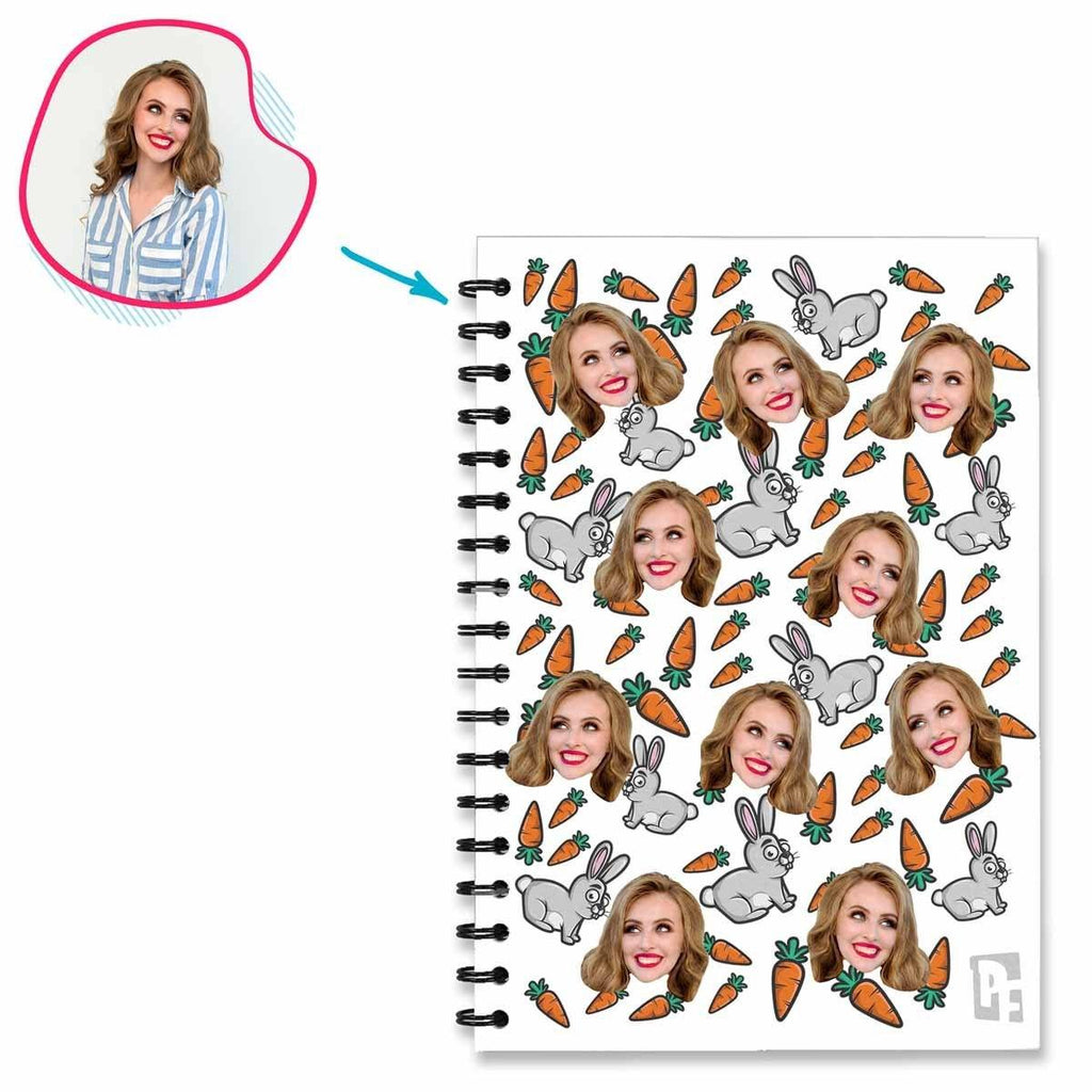white Bunny Notebook personalized with photo of face printed on them