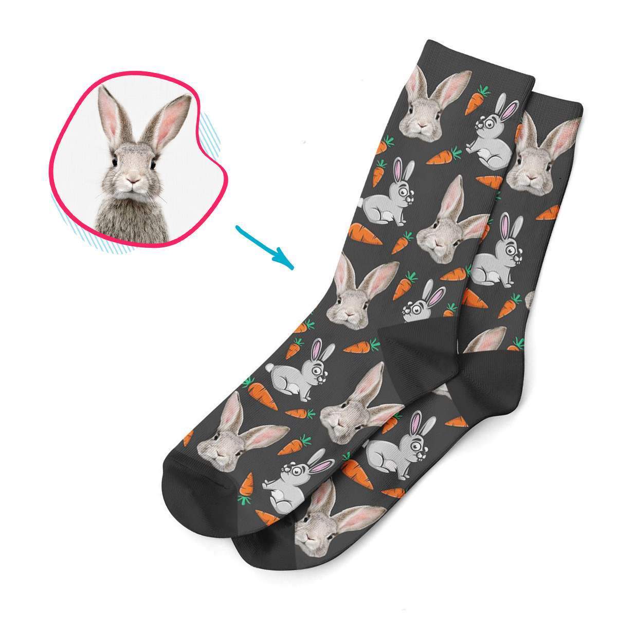 dark Bunny socks personalized with photo of face printed on them