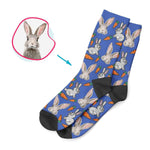 Load image into Gallery viewer, darkblue Bunny socks personalized with photo of face printed on them
