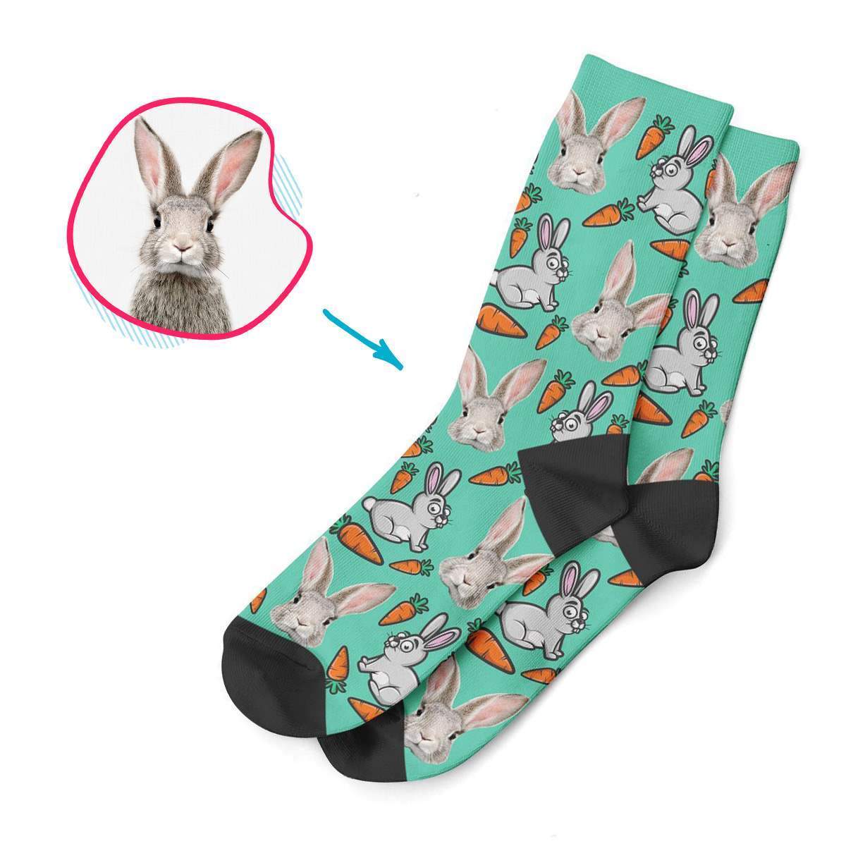 mint Bunny socks personalized with photo of face printed on them