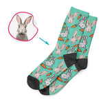 Load image into Gallery viewer, mint Bunny socks personalized with photo of face printed on them
