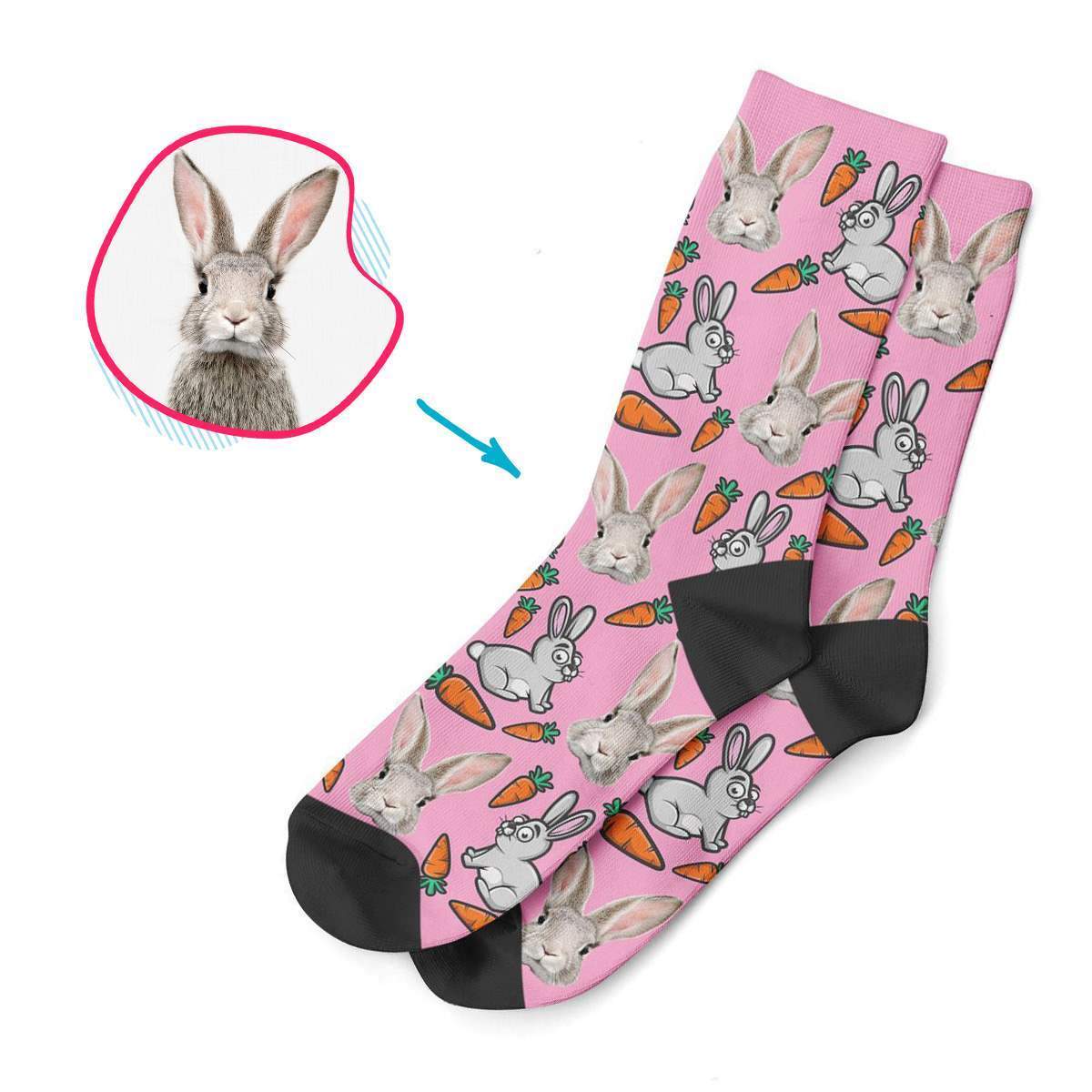 pink Bunny socks personalized with photo of face printed on them
