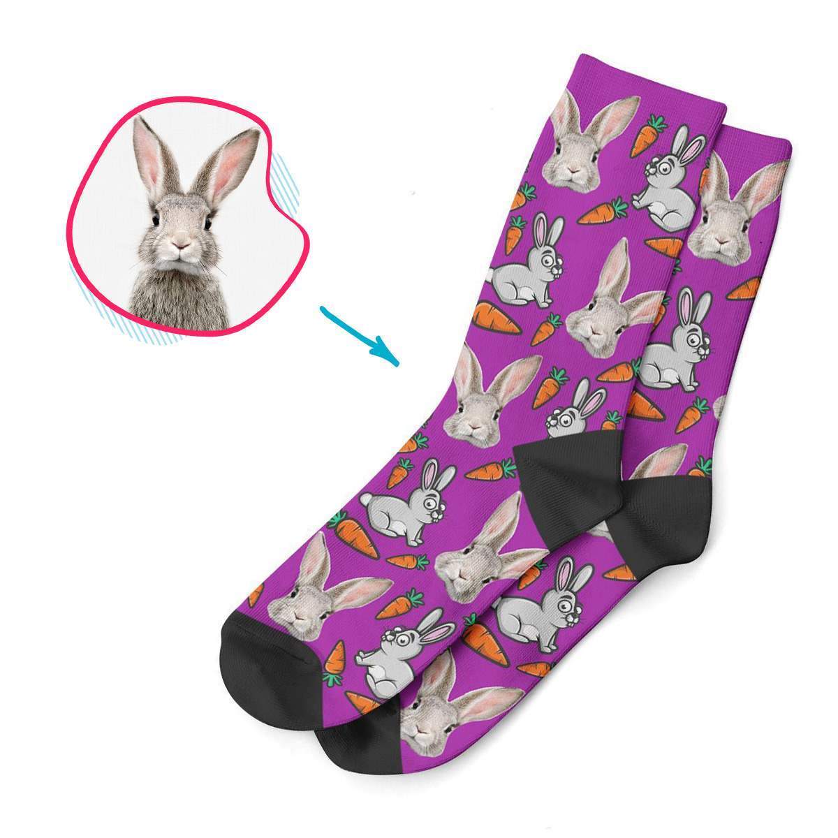 purple Bunny socks personalized with photo of face printed on them
