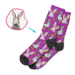 Load image into Gallery viewer, purple Bunny socks personalized with photo of face printed on them

