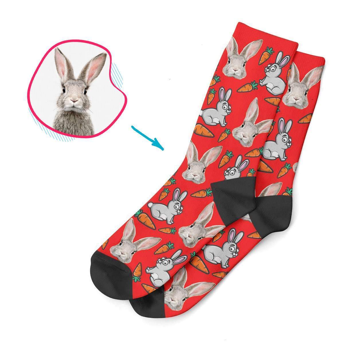 red Bunny socks personalized with photo of face printed on them