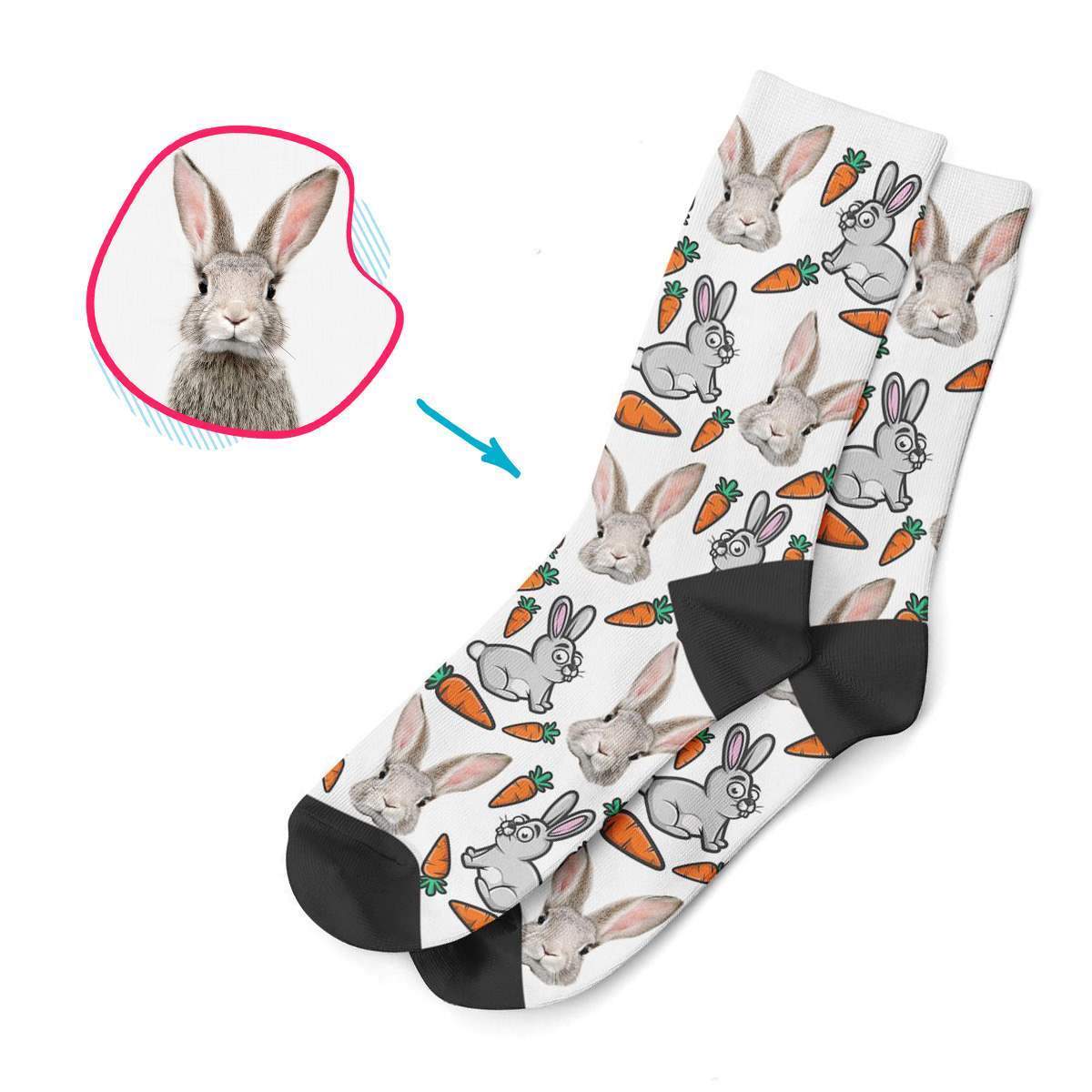 white Bunny socks personalized with photo of face printed on them