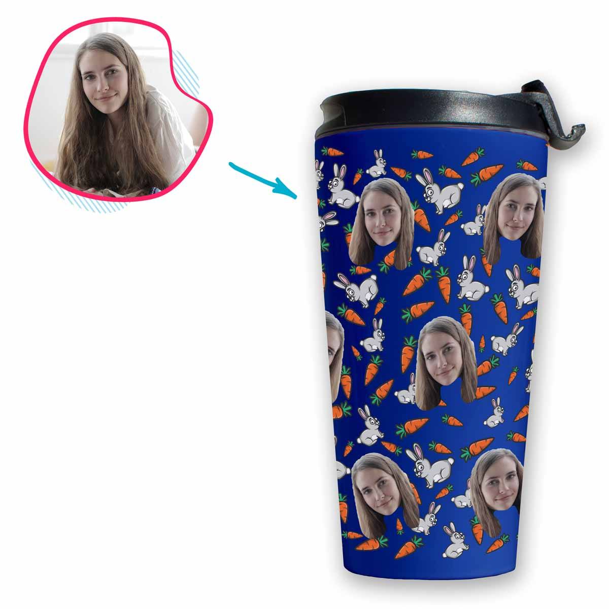 darkblue Bunny travel mug personalized with photo of face printed on it
