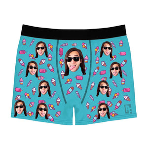 Blue Candies men's boxer briefs personalized with photo printed on them