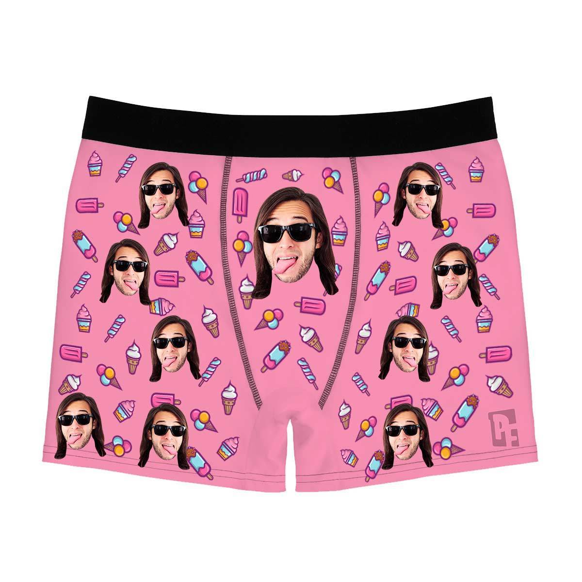 Pink Candies men's boxer briefs personalized with photo printed on them