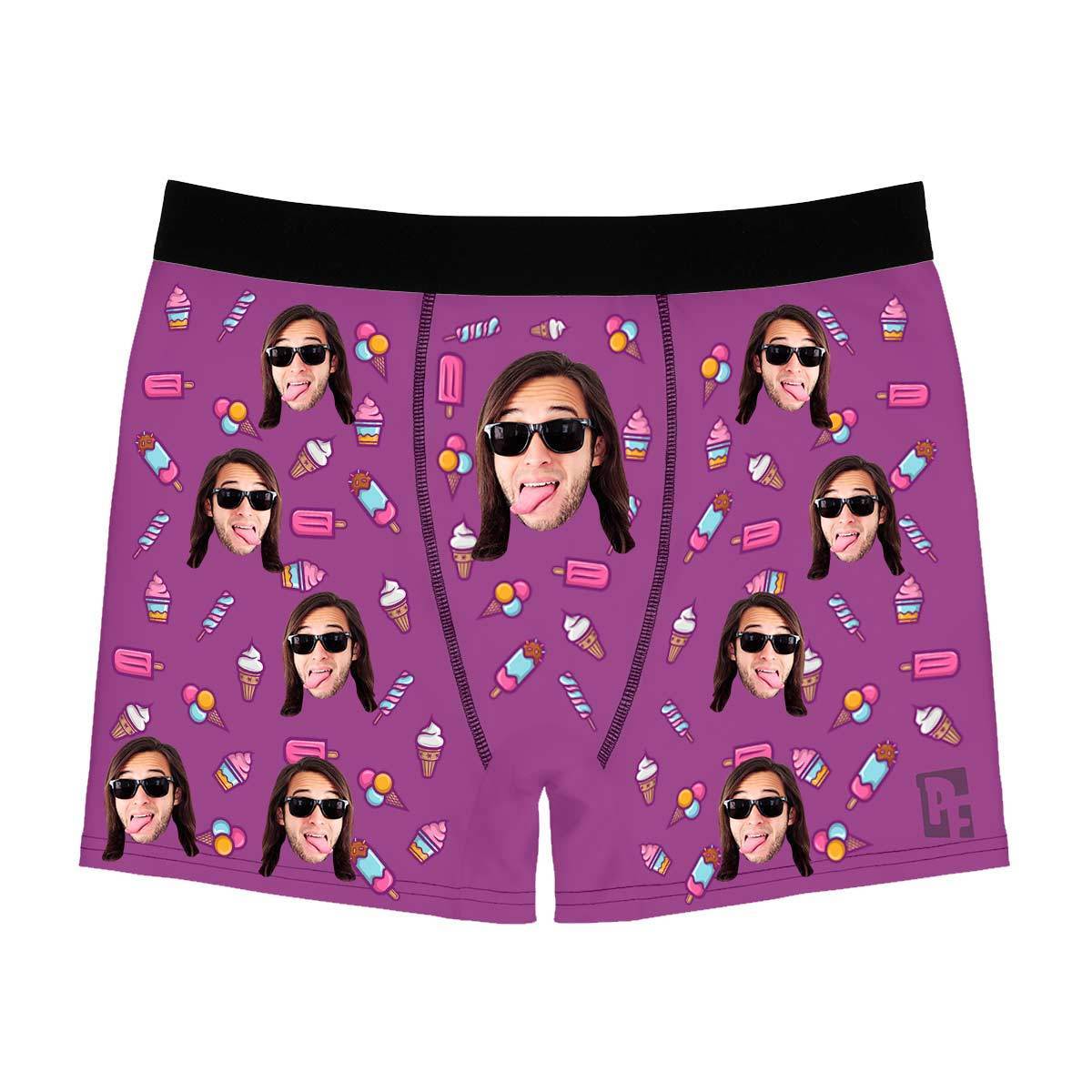 Purple Candies men's boxer briefs personalized with photo printed on them