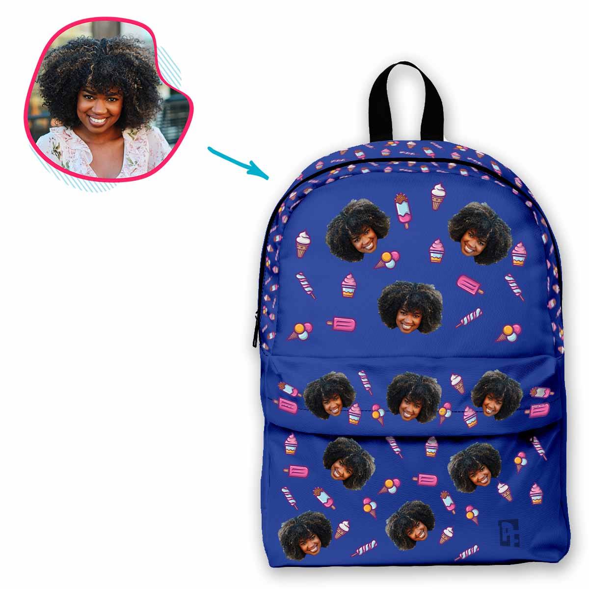 darkblue Candies classic backpack personalized with photo of face printed on it