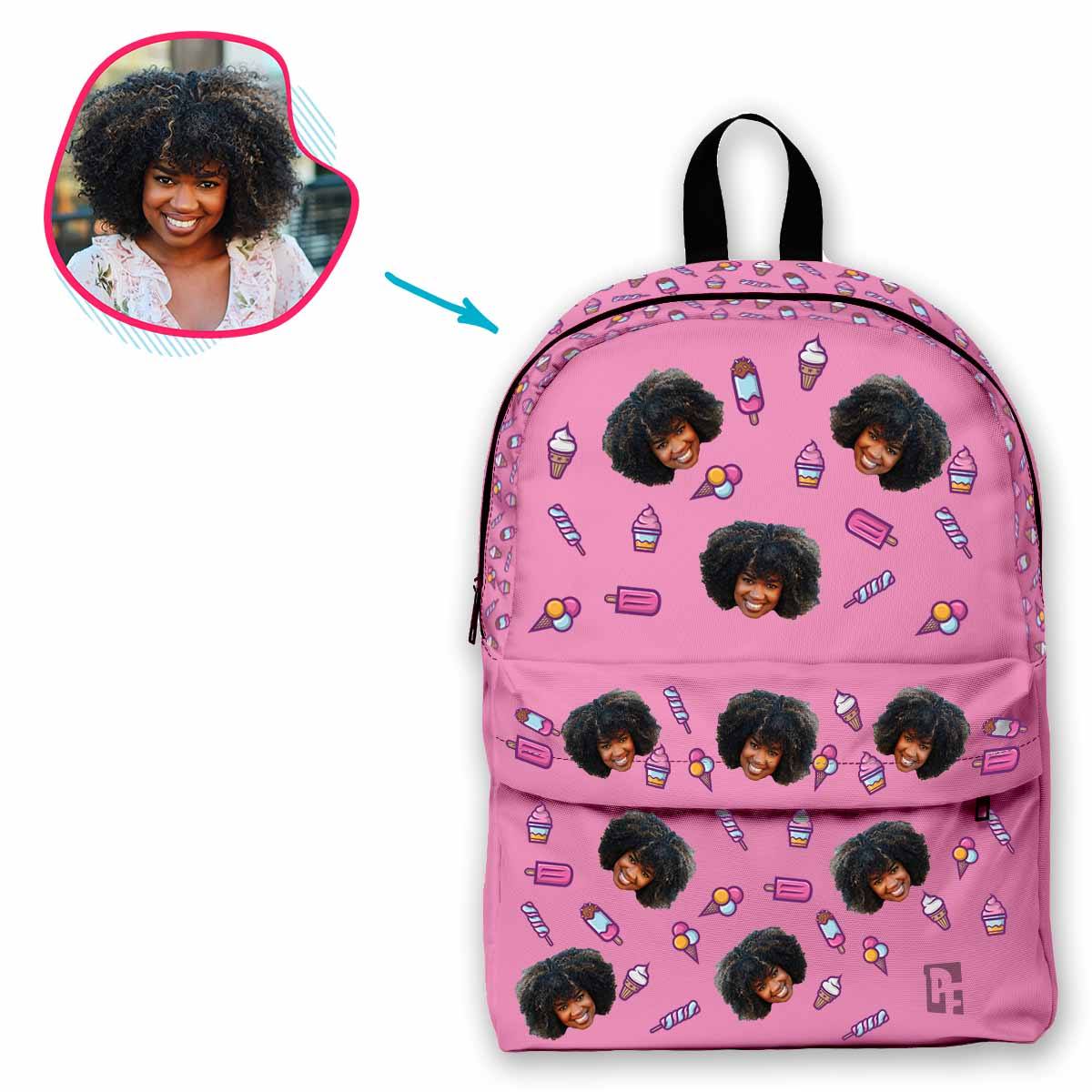 pink Candies classic backpack personalized with photo of face printed on it