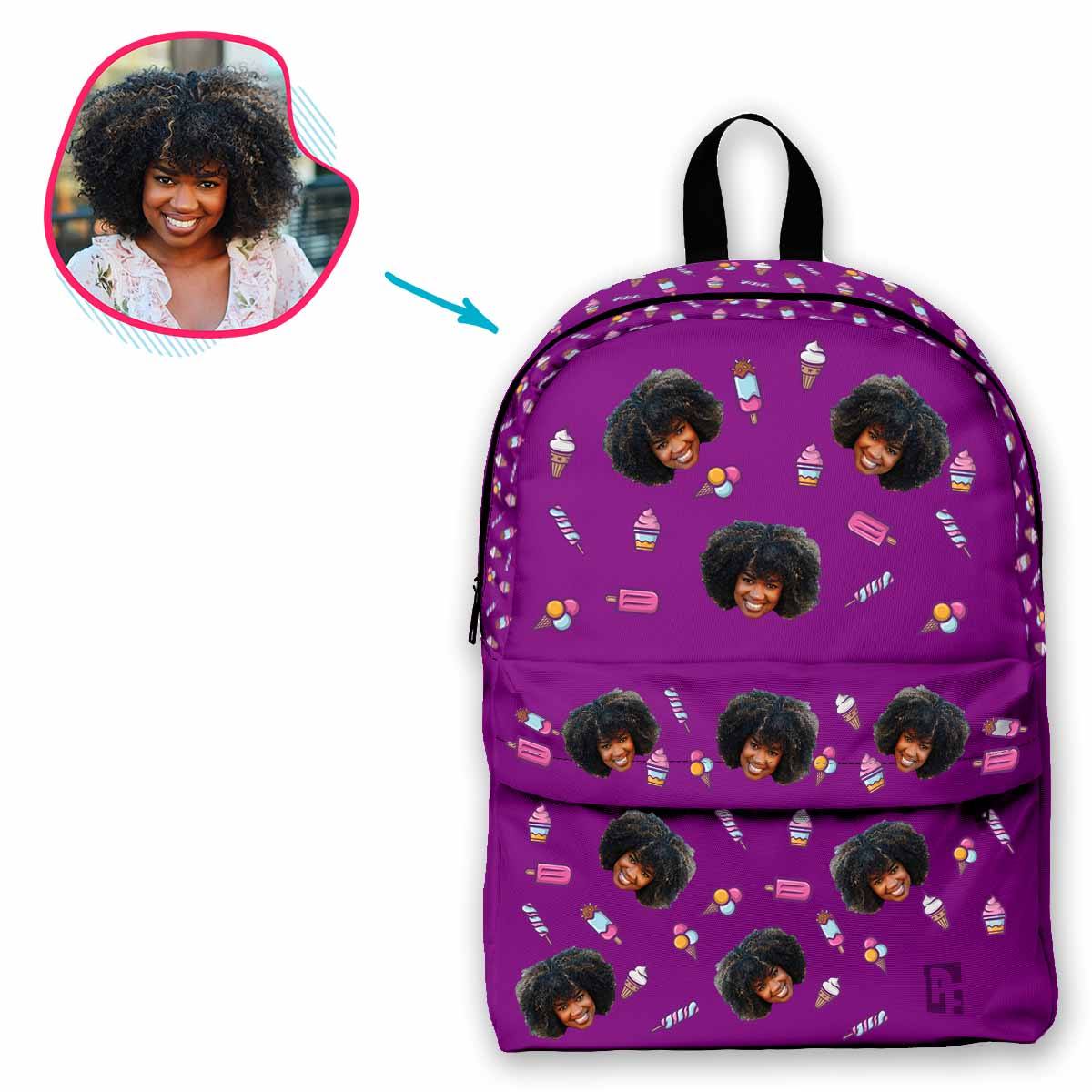 purple Candies classic backpack personalized with photo of face printed on it