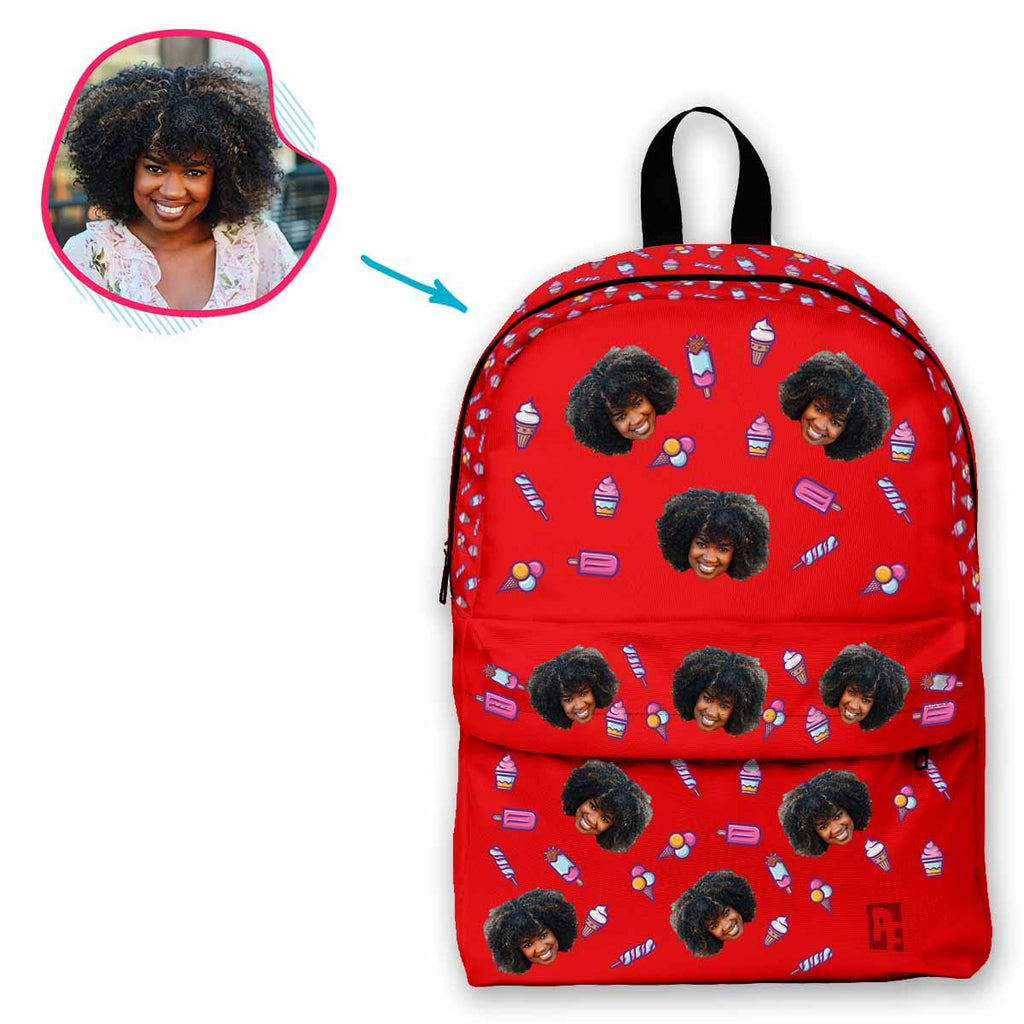red Candies classic backpack personalized with photo of face printed on it