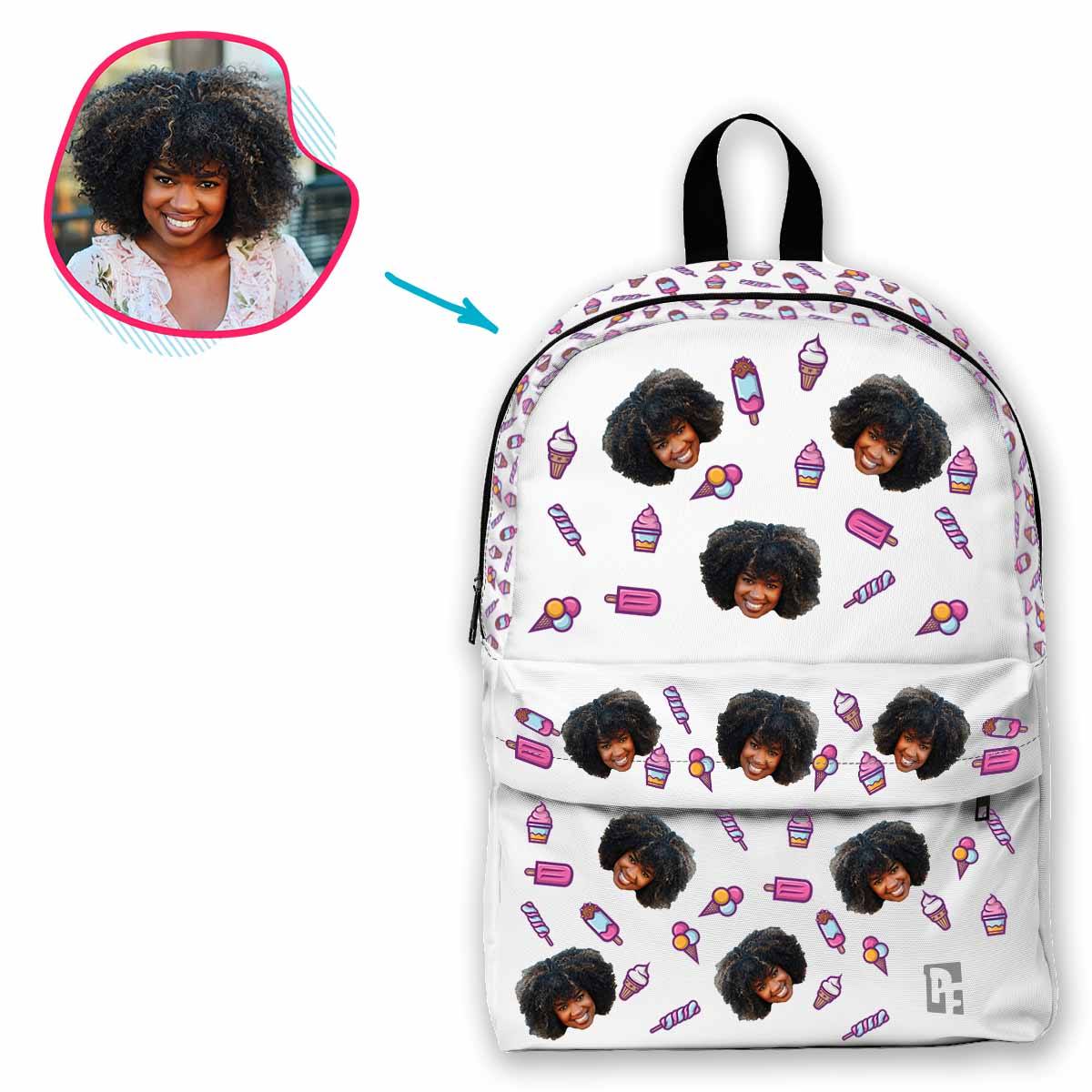 white Candies classic backpack personalized with photo of face printed on it