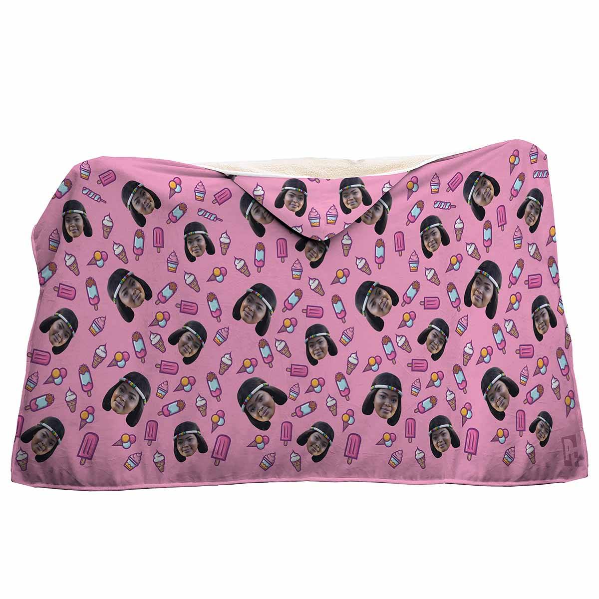 pink Candies hooded blanket personalized with photo of face printed on it