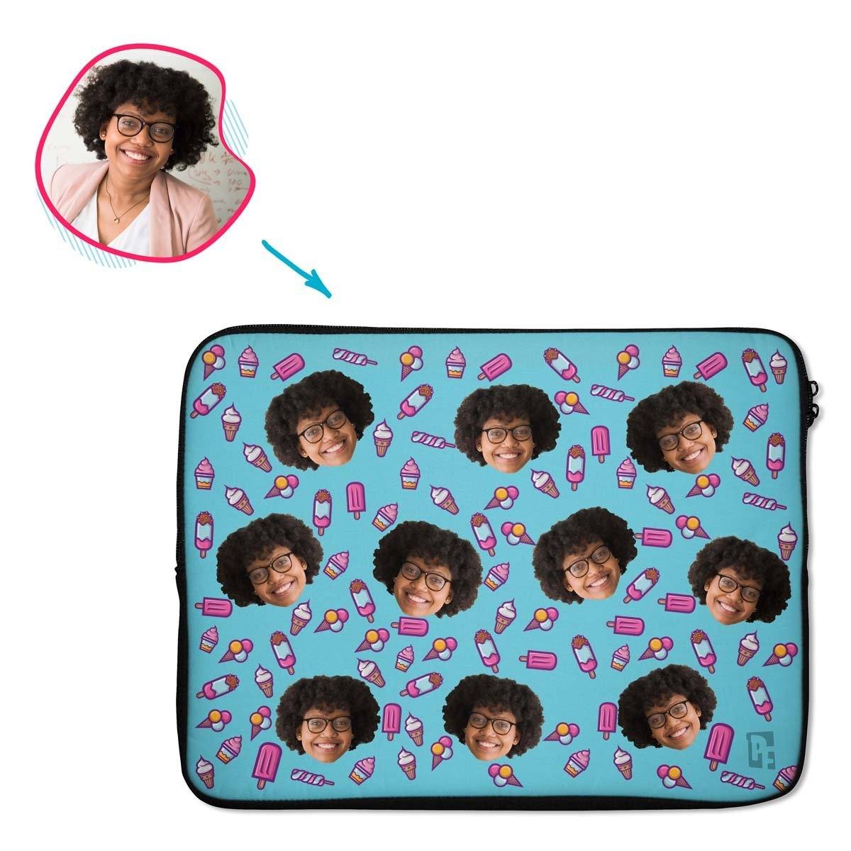 blue Candies laptop sleeve personalized with photo of face printed on them