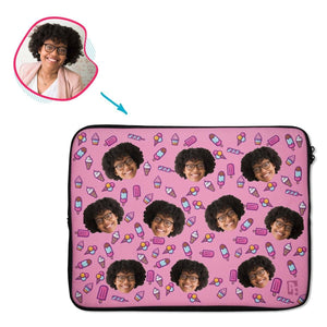 pink Candies laptop sleeve personalized with photo of face printed on them