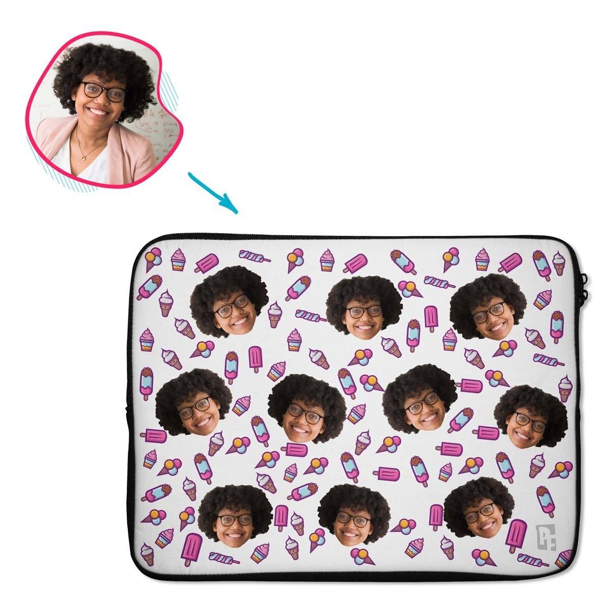white Candies laptop sleeve personalized with photo of face printed on them