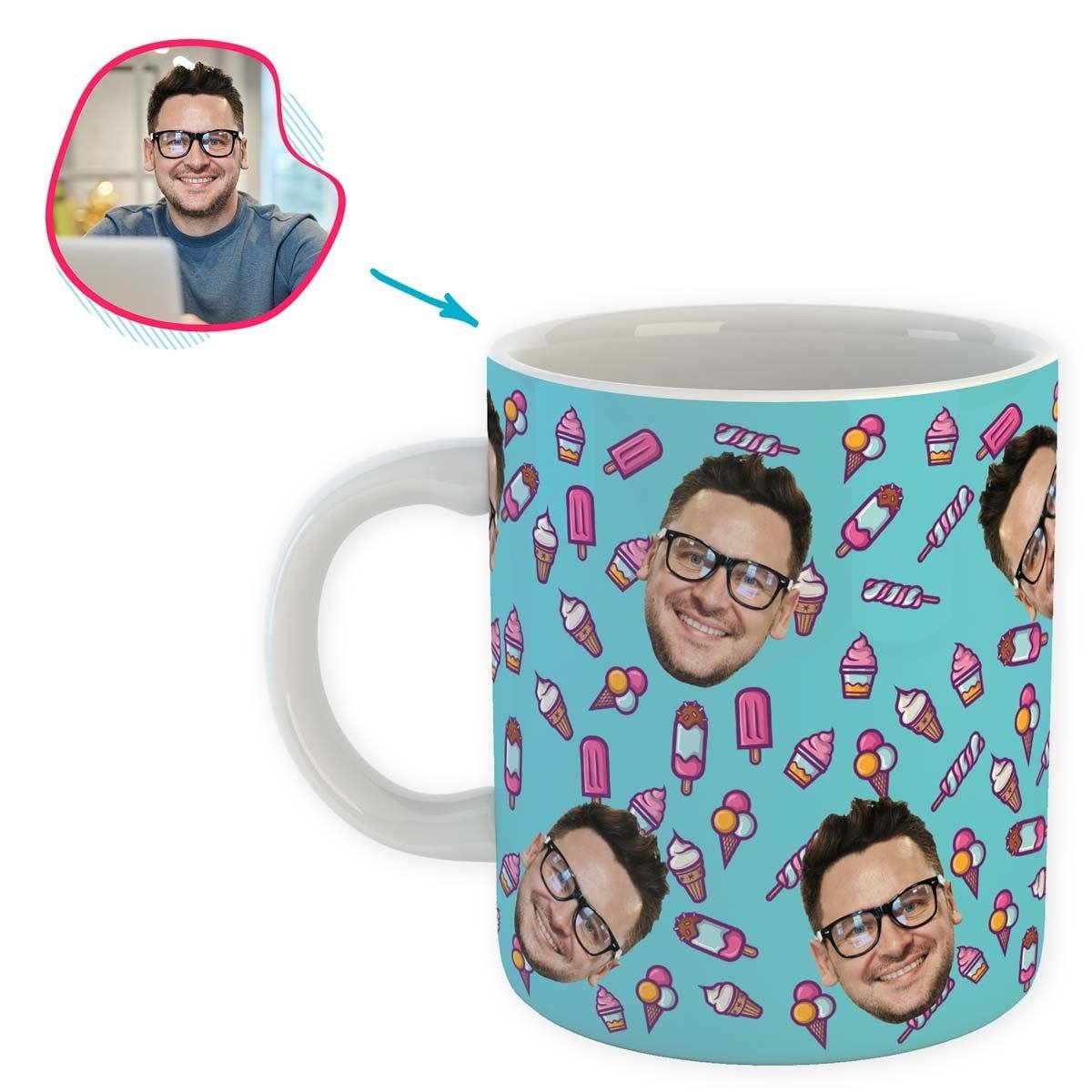 blue Candies mug personalized with photo of face printed on it