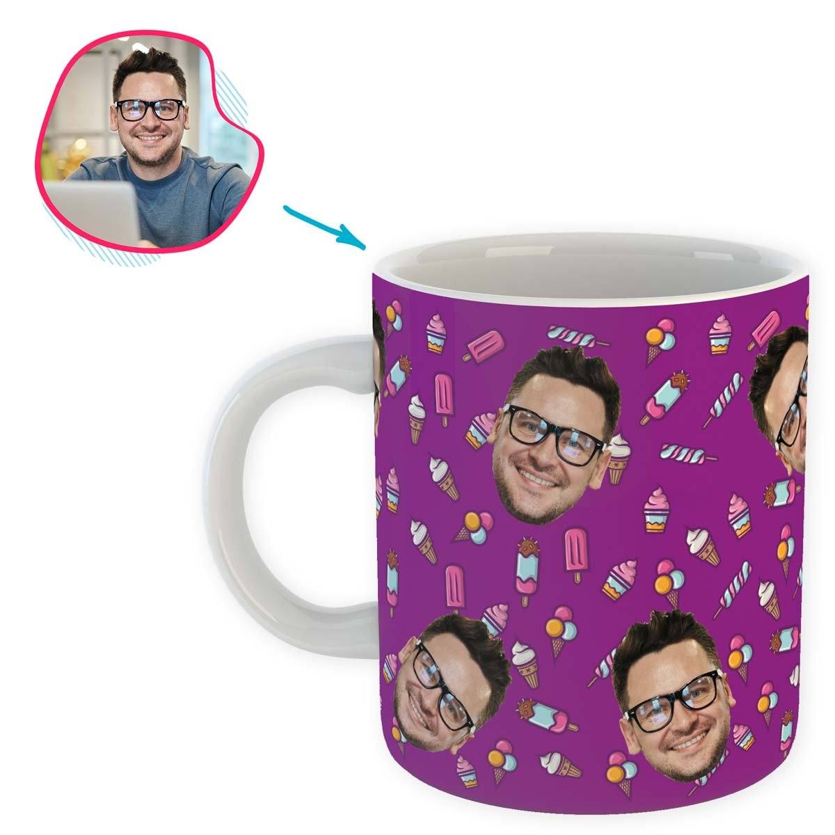 purple Candies mug personalized with photo of face printed on it