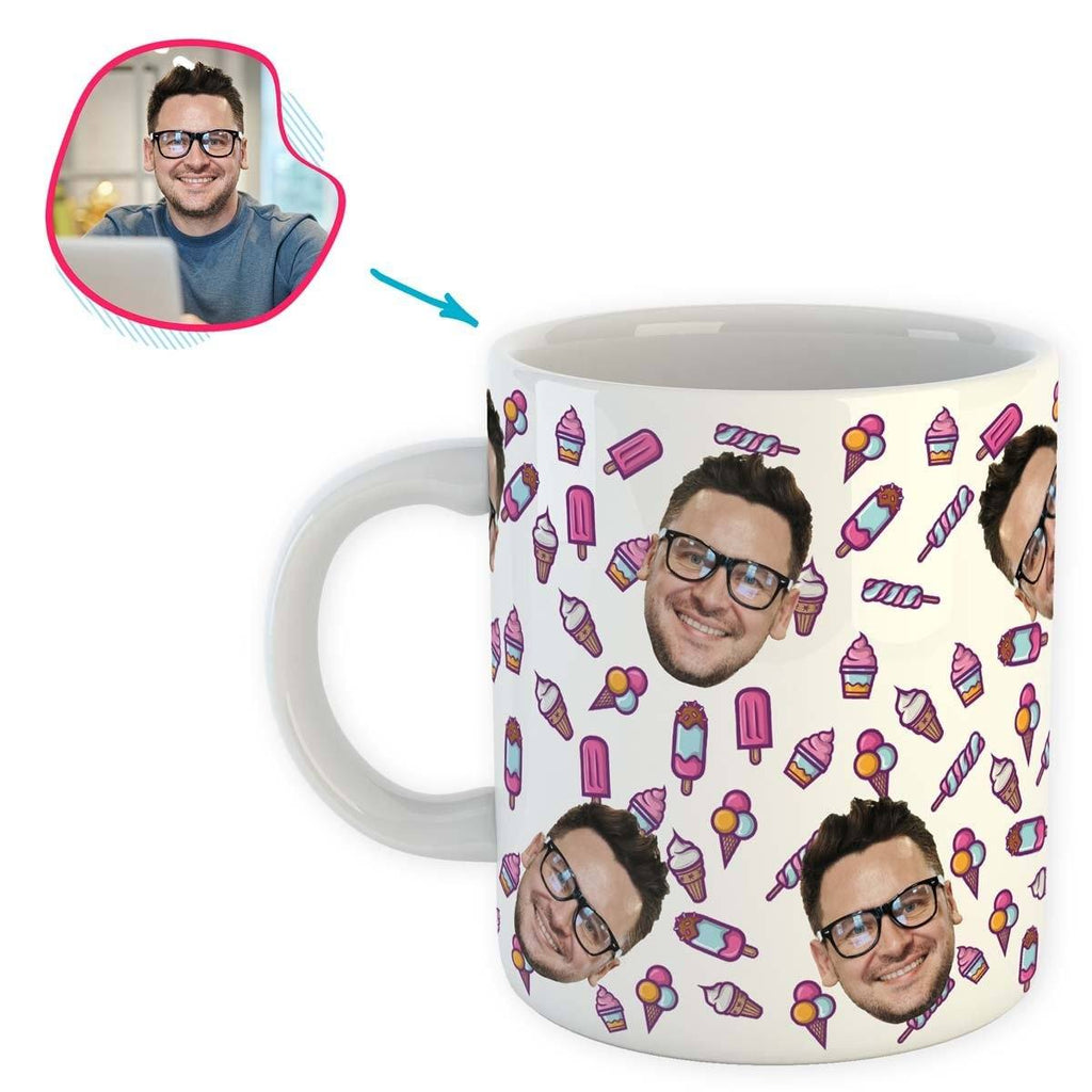 white Candies mug personalized with photo of face printed on it