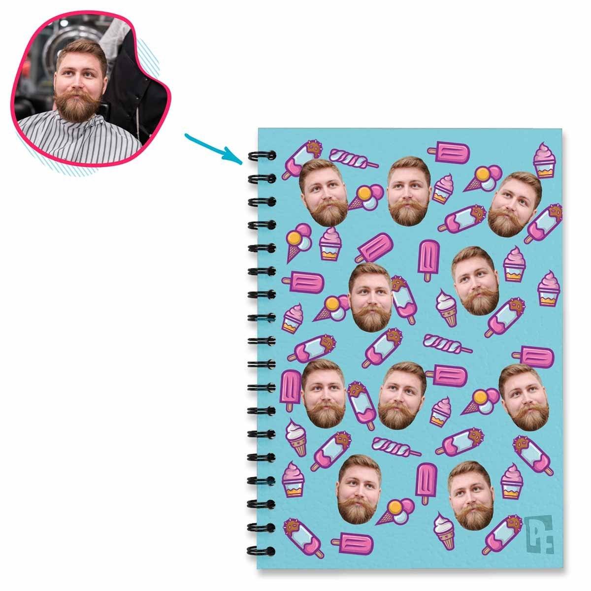 blue Candies Notebook personalized with photo of face printed on them