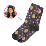 Load image into Gallery viewer, dark Candies socks personalized with photo of face printed on them
