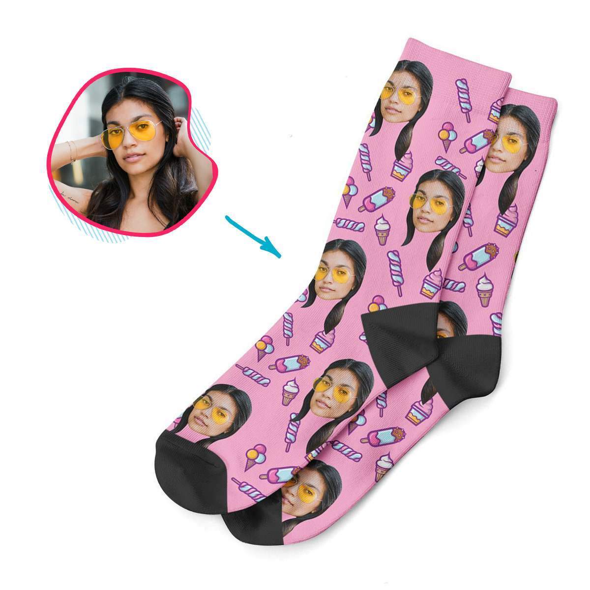 pink Candies socks personalized with photo of face printed on them