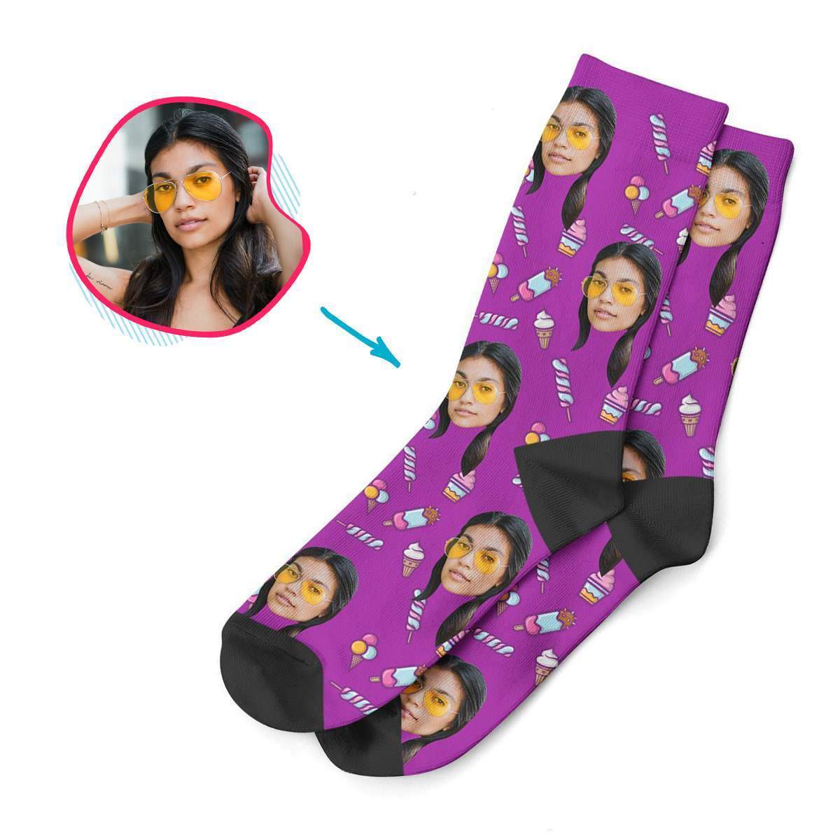 purple Candies socks personalized with photo of face printed on them