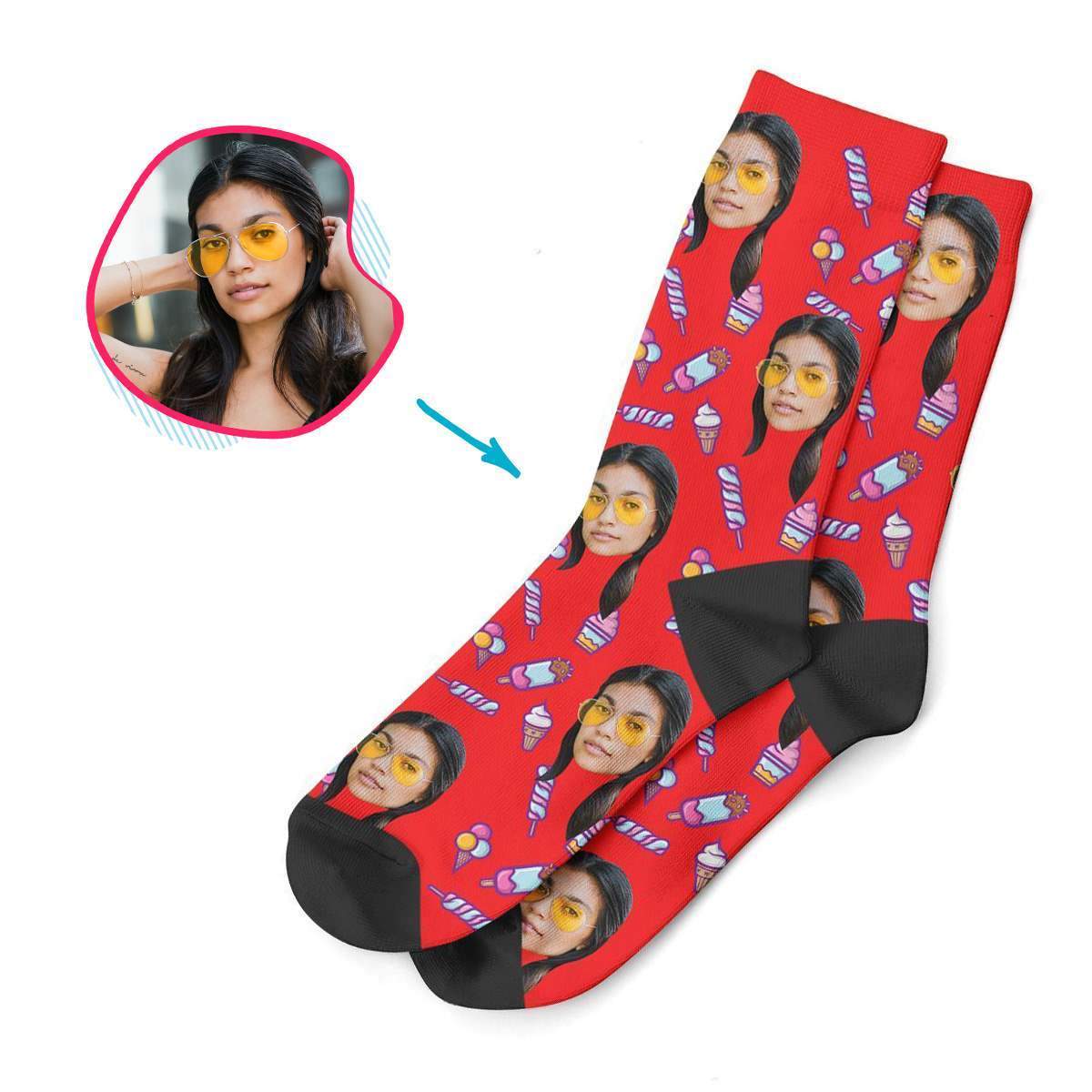 red Candies socks personalized with photo of face printed on them