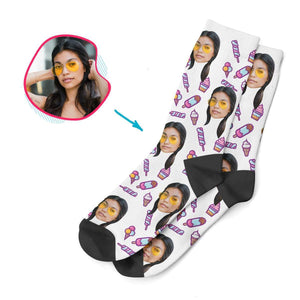 white Candies socks personalized with photo of face printed on them