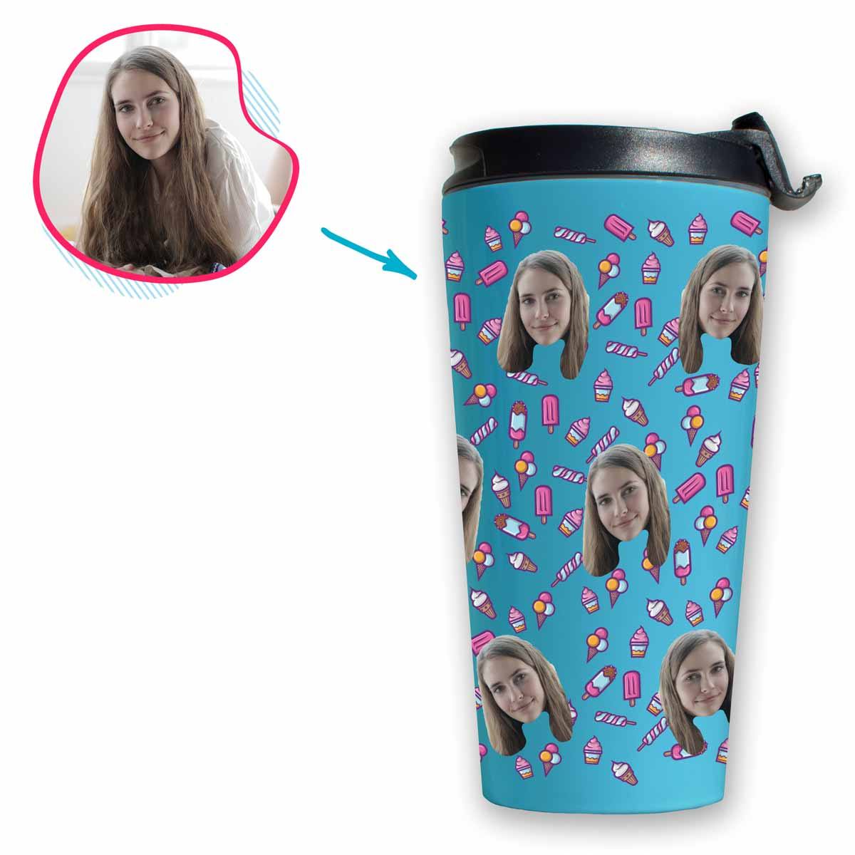 blue Candies travel mug personalized with photo of face printed on it