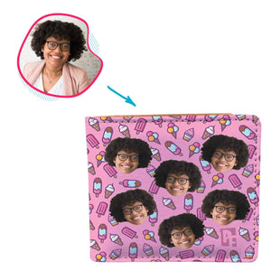 pink Candies wallet personalized with photo of face printed on it