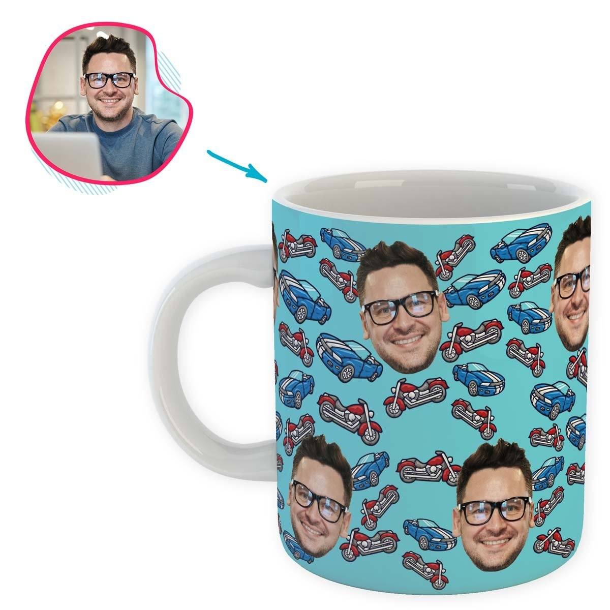 Blue Cars & Motorbikes personalized mug with photo of face printed on it