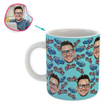 Load image into Gallery viewer, Blue Cars &amp; Motorbikes personalized mug with photo of face printed on it
