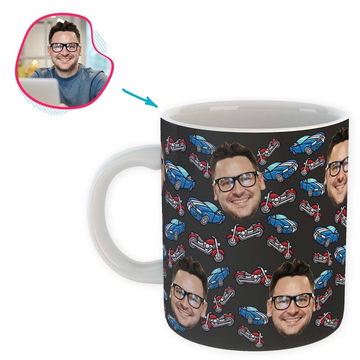 Dark Cars & Motorbikes personalized mug with photo of face printed on it