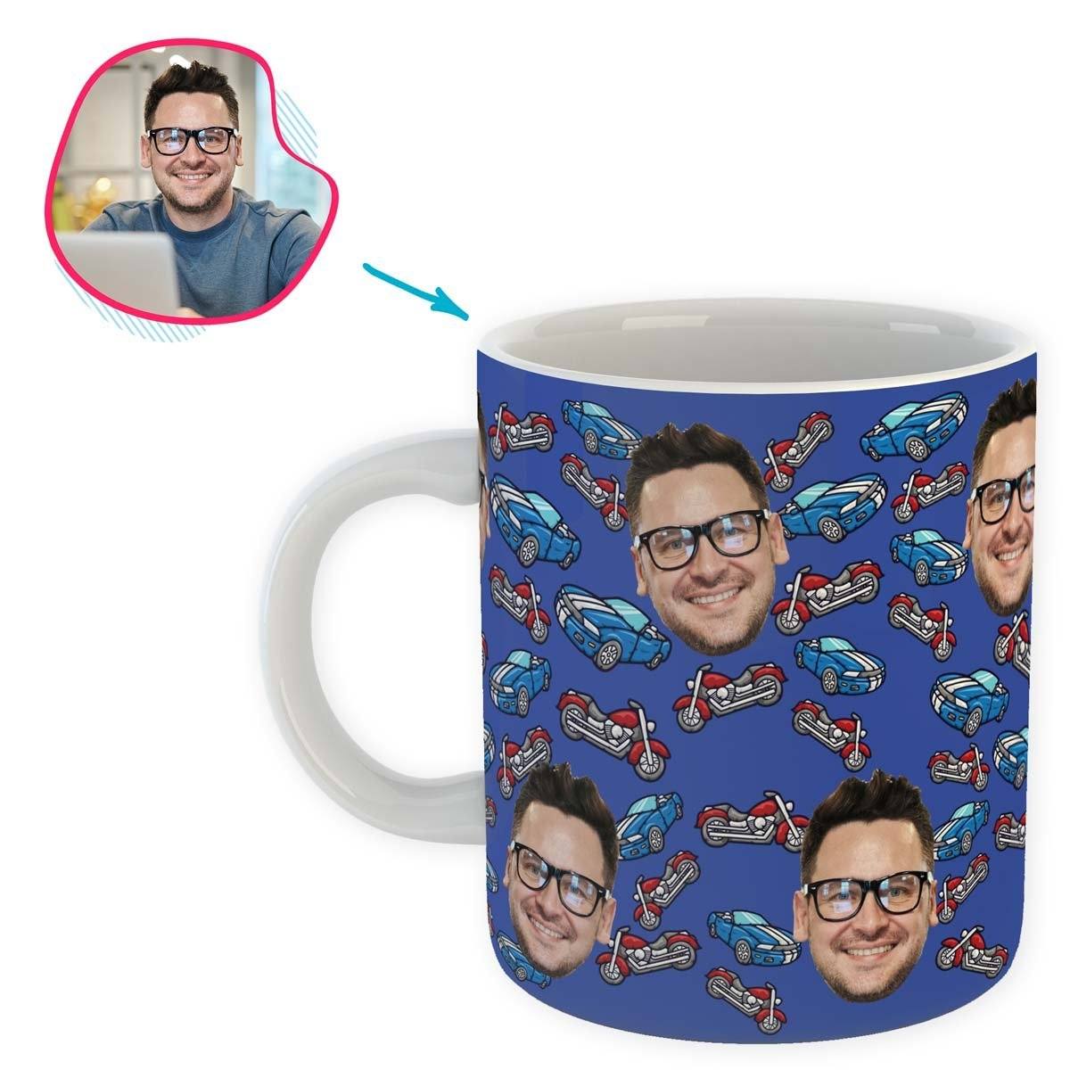 Darkblue Cars & Motorbikes personalized mug with photo of face printed on it