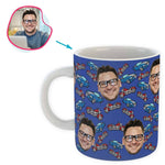 Load image into Gallery viewer, Darkblue Cars &amp; Motorbikes personalized mug with photo of face printed on it
