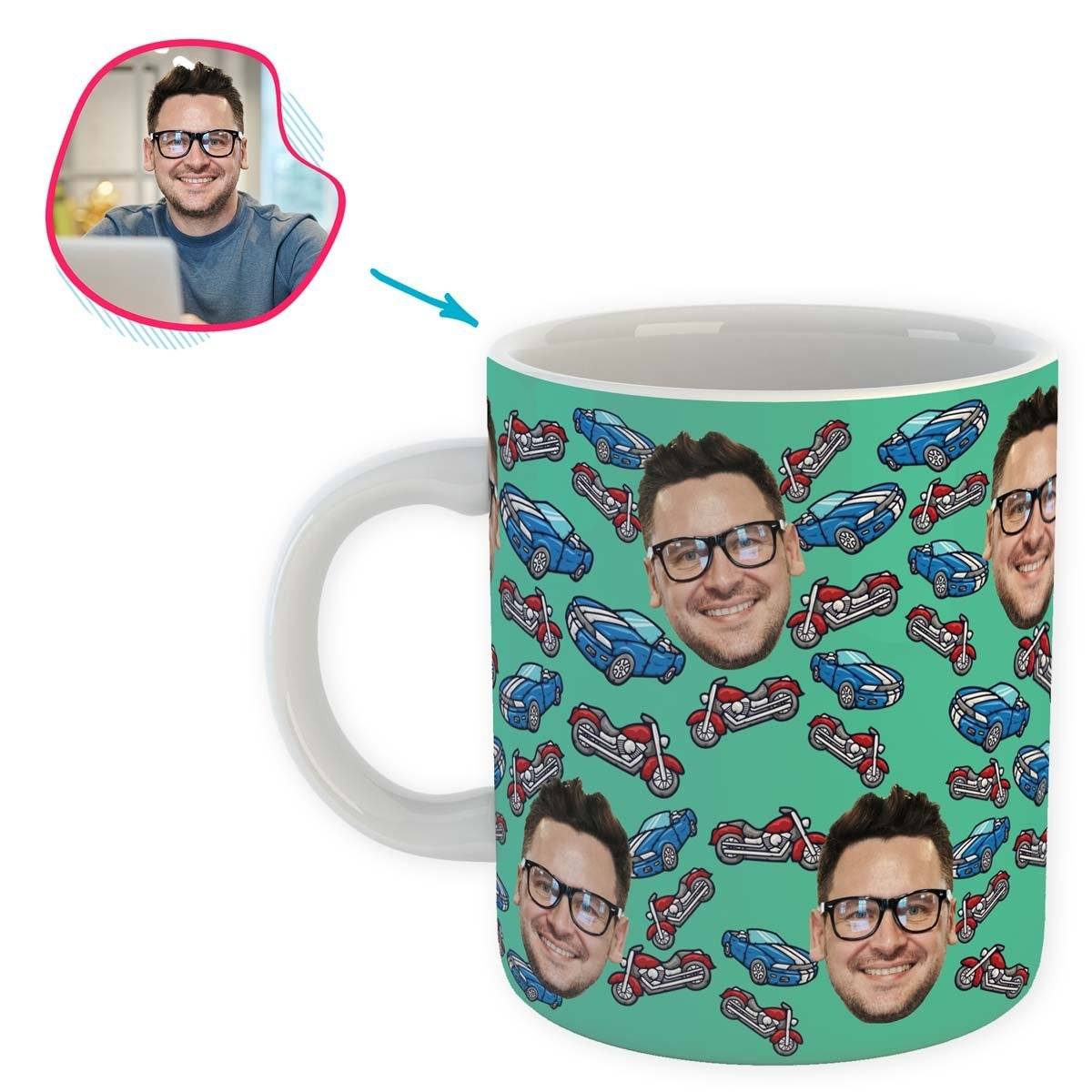 Mint Cars & Motorbikes personalized mug with photo of face printed on it