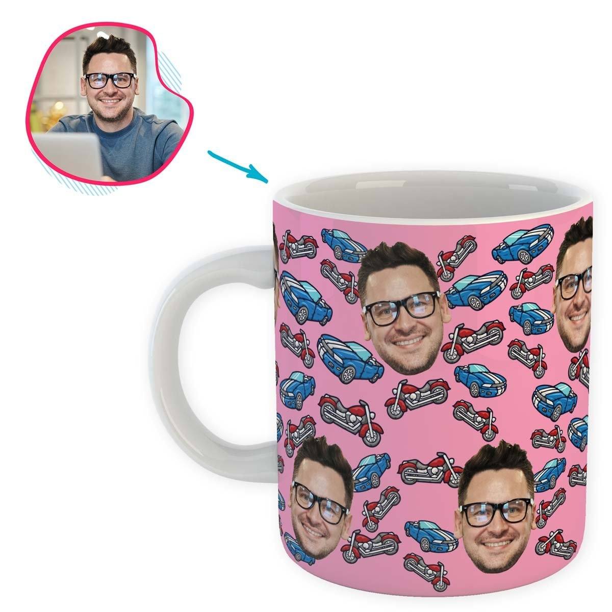 Pink Cars & Motorbikes personalized mug with photo of face printed on it